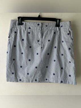 British Khaki Mini Skirt Nautical Anchors Stripe Seersucker Blue White Gray 8